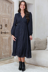 Aylon Midi Dress - Delicately Detailed Mandarin Collar Dress with Long Sleeves in Navy