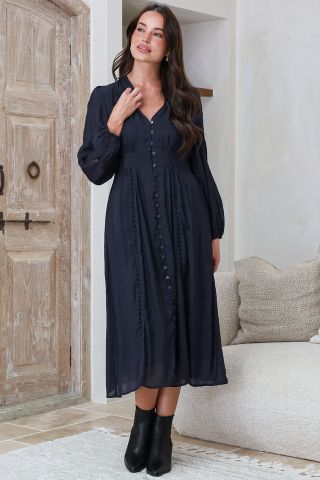 Model wearing Aylon Midi Dress in Navy from Salty Crush