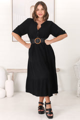 Ayva Midi Dress - 3/4 Sleeve Tiered Smock Dress in Black