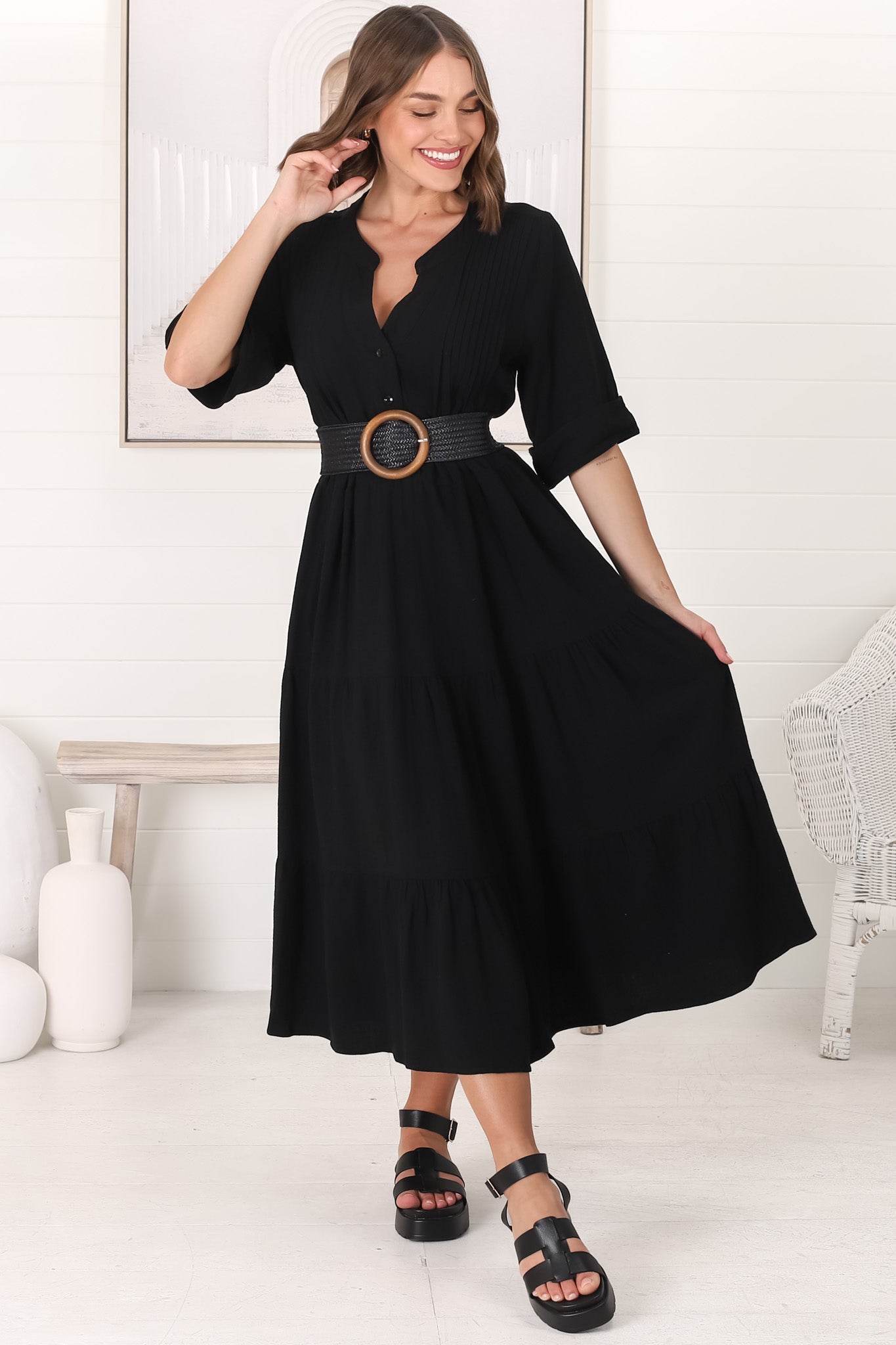 Ayva Midi Dress - 3/4 Sleeve Tiered Smock Dress in Black
