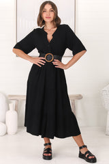 Ayva Midi Dress - 3/4 Sleeve Tiered Smock Dress in Black