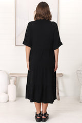 Ayva Midi Dress - 3/4 Sleeve Tiered Smock Dress in Black