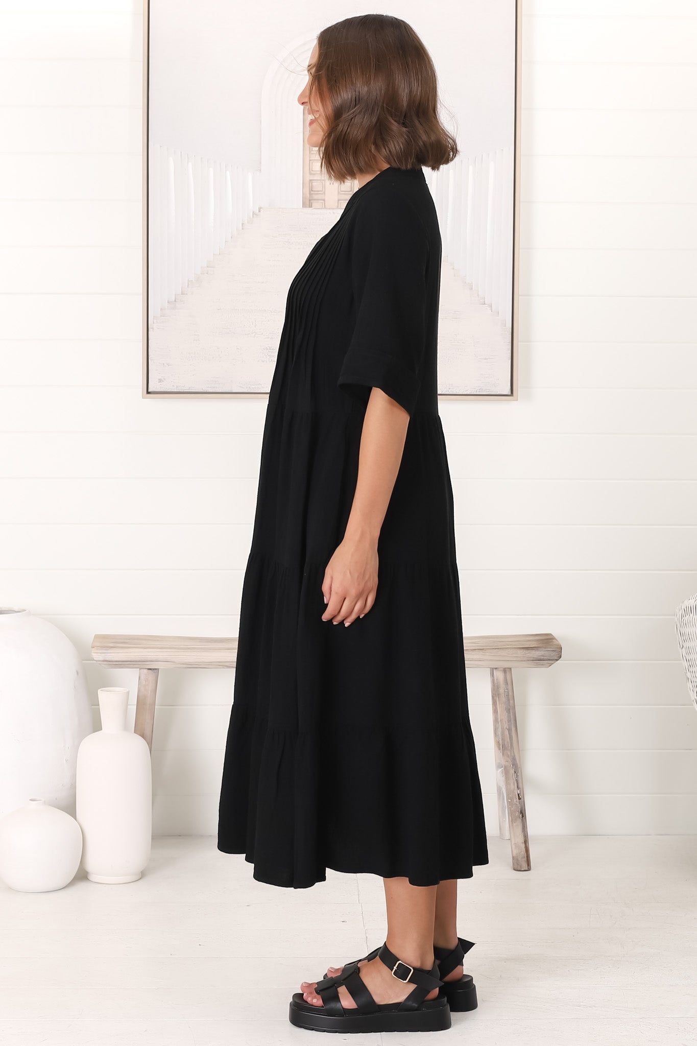 Ayva Midi Dress - 3/4 Sleeve Tiered Smock Dress in Black