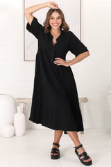 Ayva Midi Dress - 3/4 Sleeve Tiered Smock Dress in Black