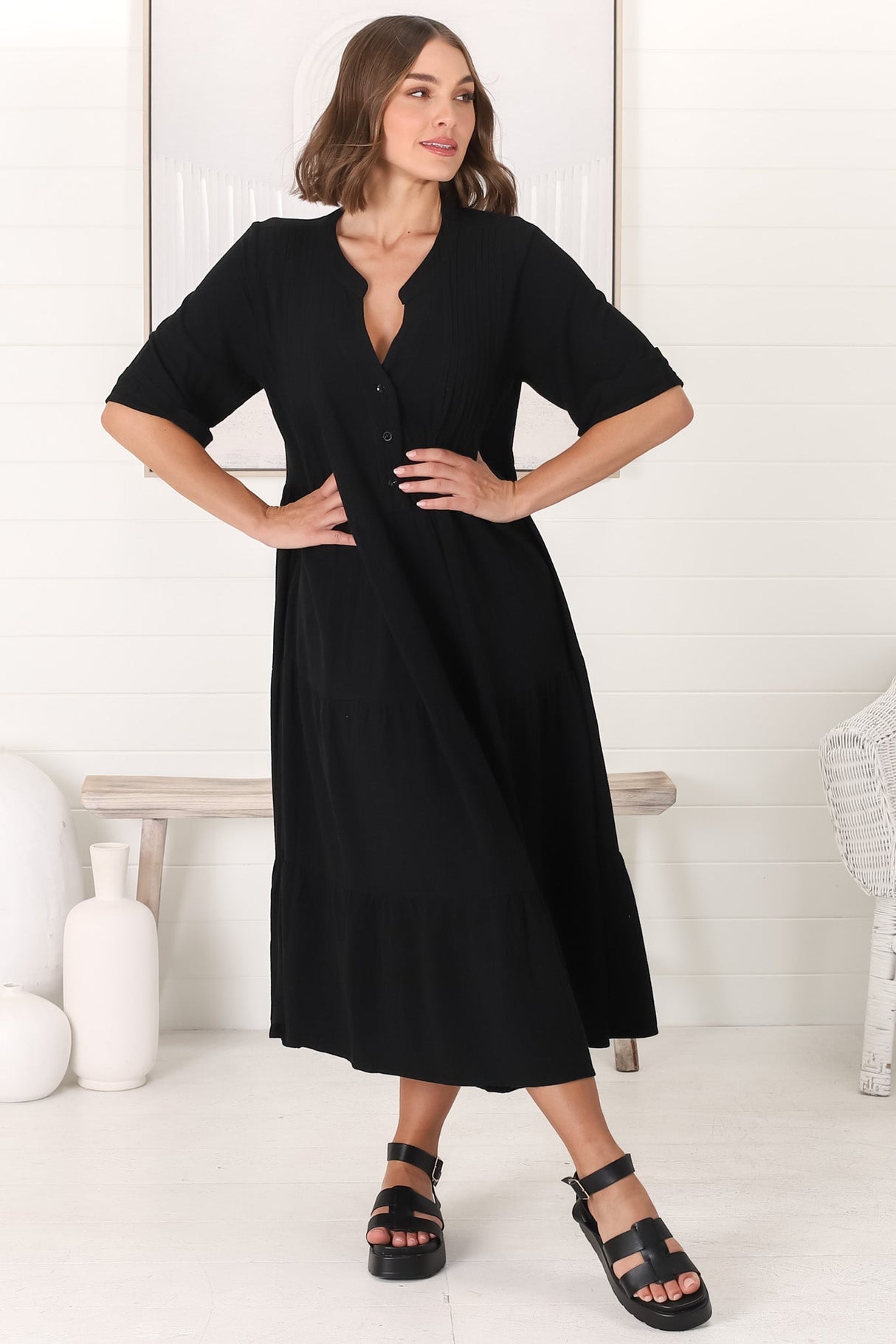 Ayva Midi Dress - 3/4 Sleeve Tiered Smock Dress in Black