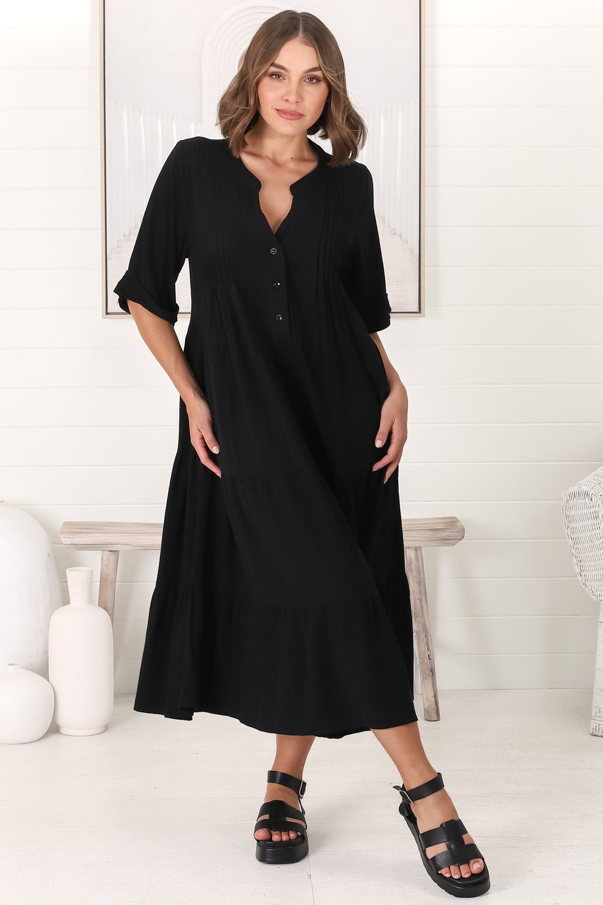 Ayva Midi Dress - 3/4 Sleeve Tiered Smock Dress in Black