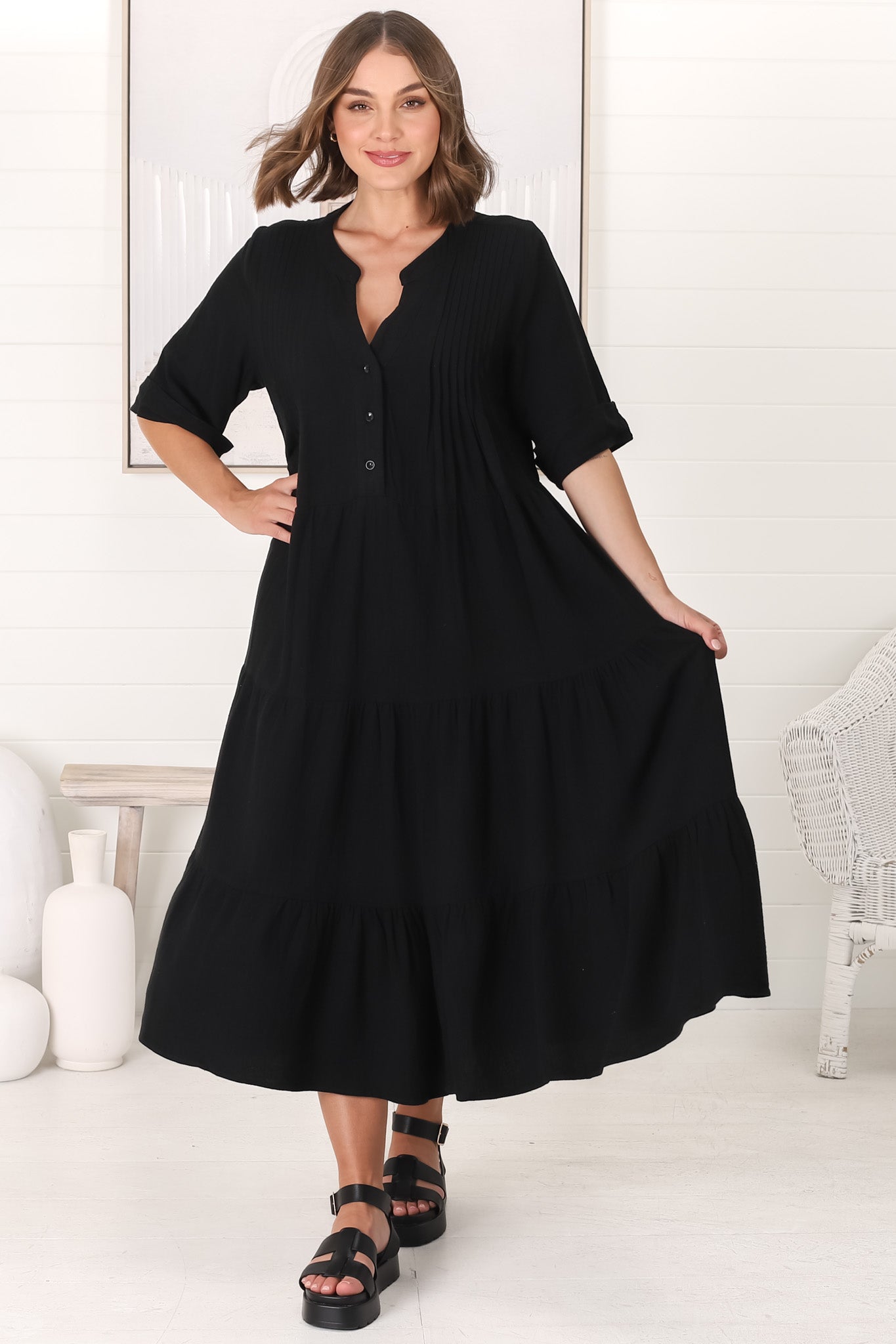 Ayva Midi Dress - 3/4 Sleeve Tiered Smock Dress in Black
