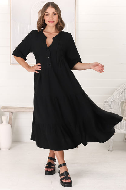 Ayva Midi Dress - 3/4 Sleeve Tiered Smock Dress in Black