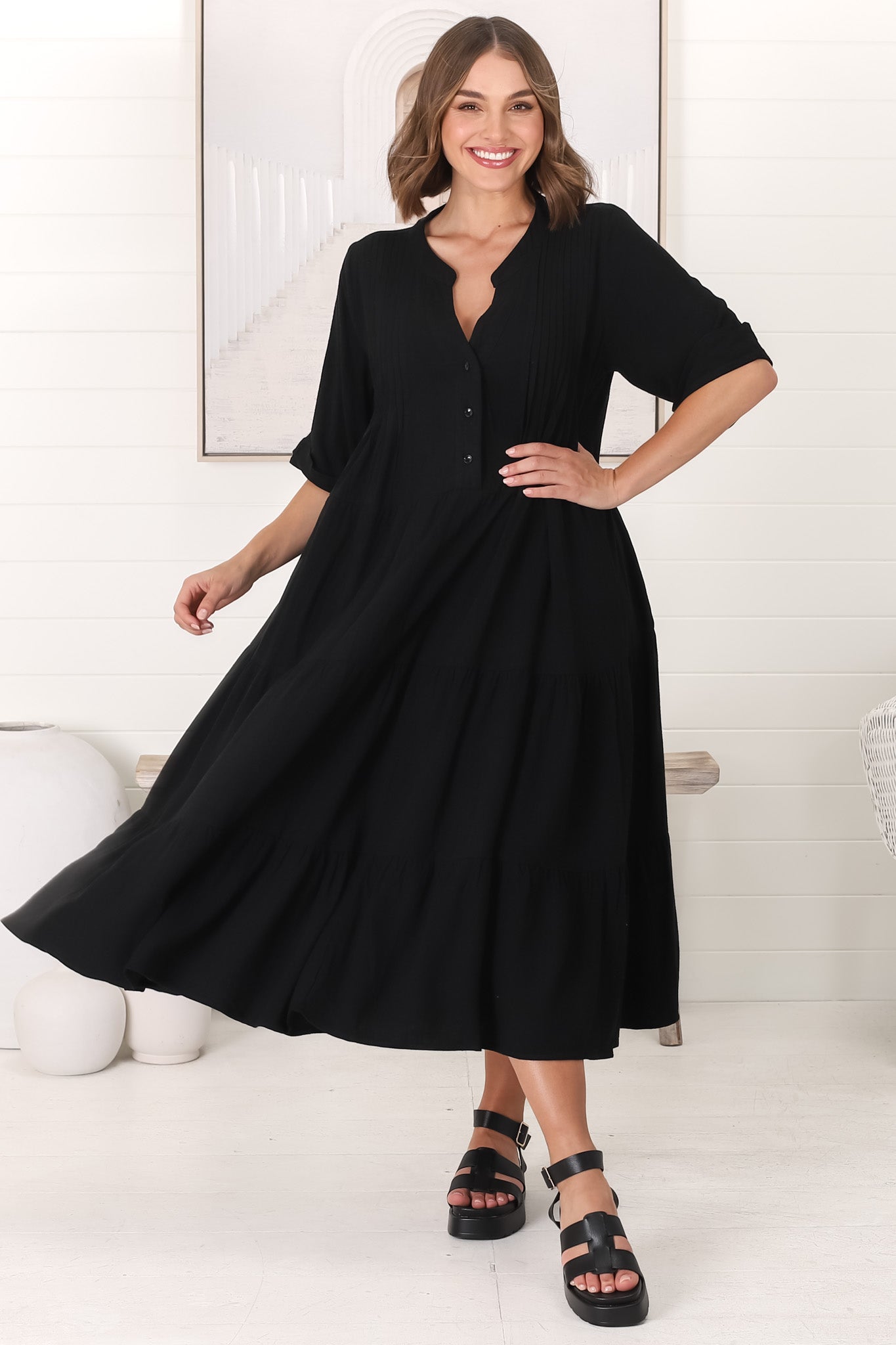 Ayva Midi Dress - 3/4 Sleeve Tiered Smock Dress in Black