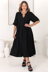 Ayva Midi Dress - 3/4 Sleeve Tiered Smock Dress in Black