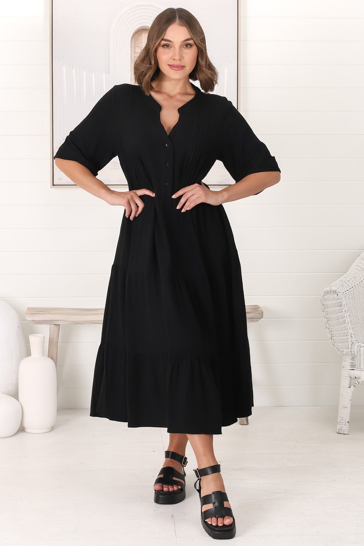 Ayva Midi Dress - 3/4 Sleeve Tiered Smock Dress in Black