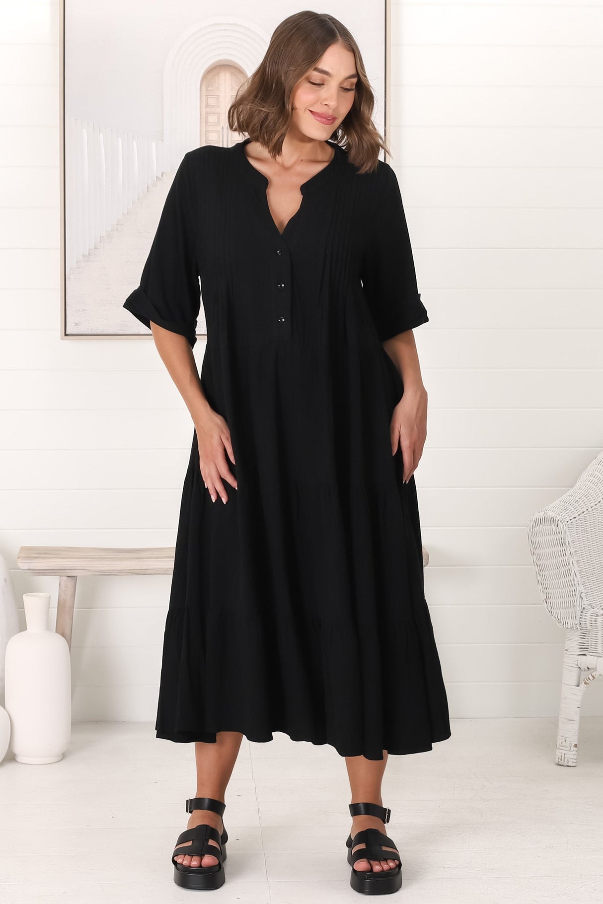 Ayva Midi Dress - 3/4 Sleeve Tiered Smock Dress in Black