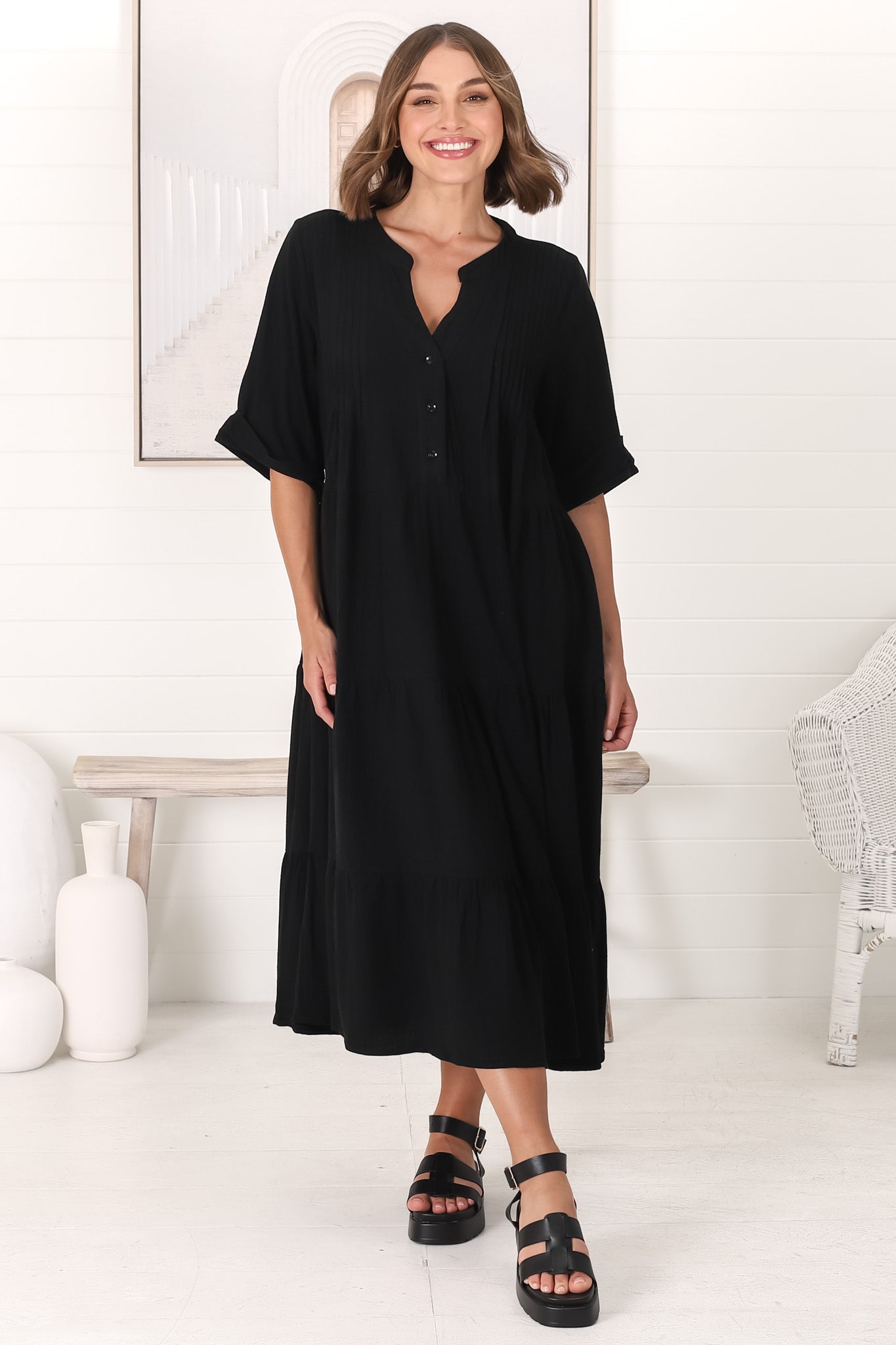 Ayva Midi Dress - 3/4 Sleeve Tiered Smock Dress in Black