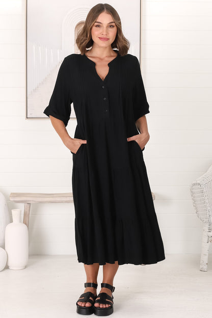 Ayva Midi Dress - 3/4 Sleeve Tiered Smock Dress in Black