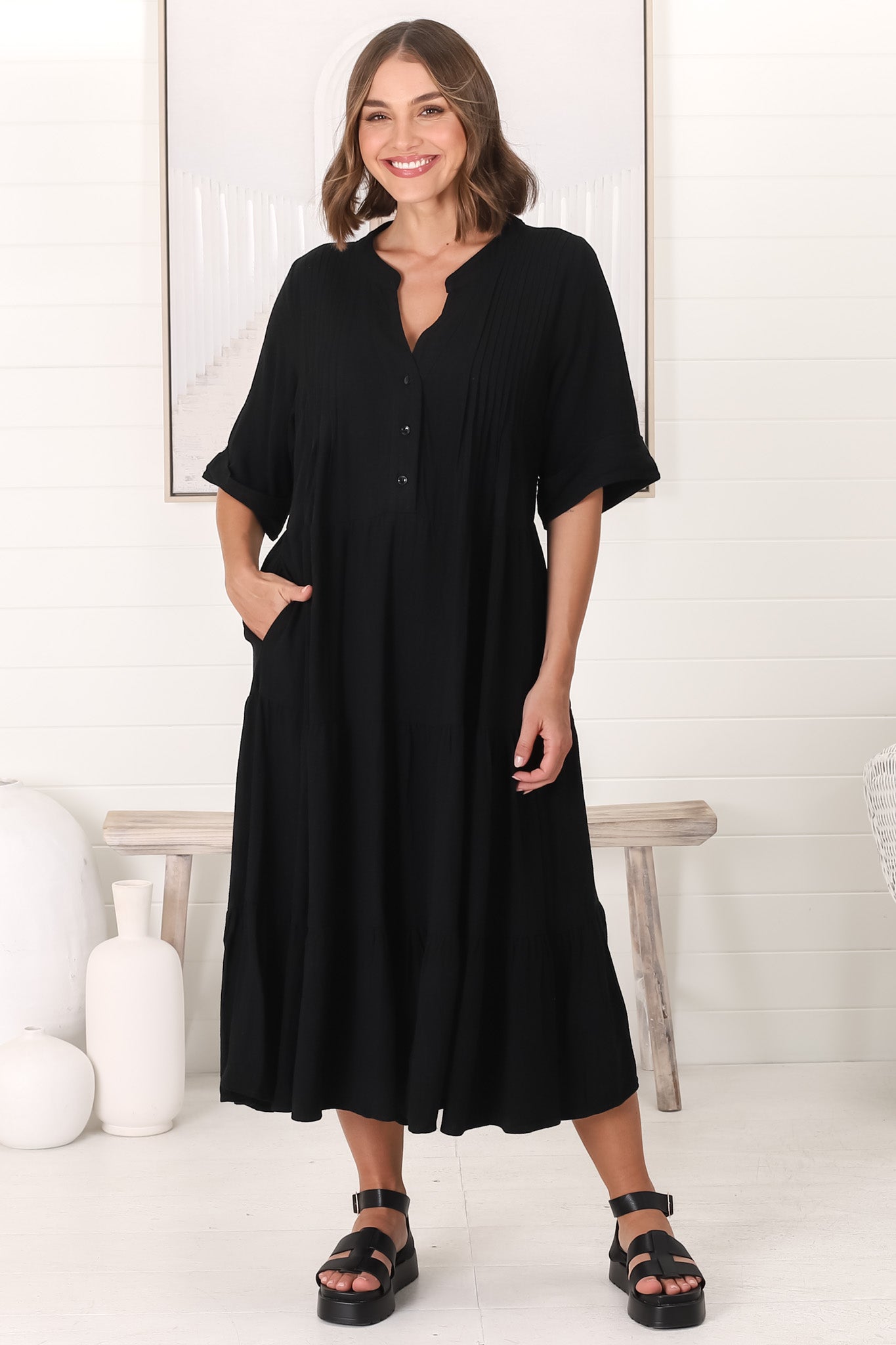 Ayva Midi Dress - 3/4 Sleeve Tiered Smock Dress in Black