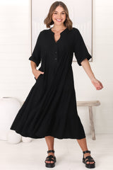 Ayva Midi Dress - 3/4 Sleeve Tiered Smock Dress in Black