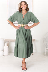 Ayva Midi Dress - 3/4 Sleeve Tiered Smock Dress in Sage