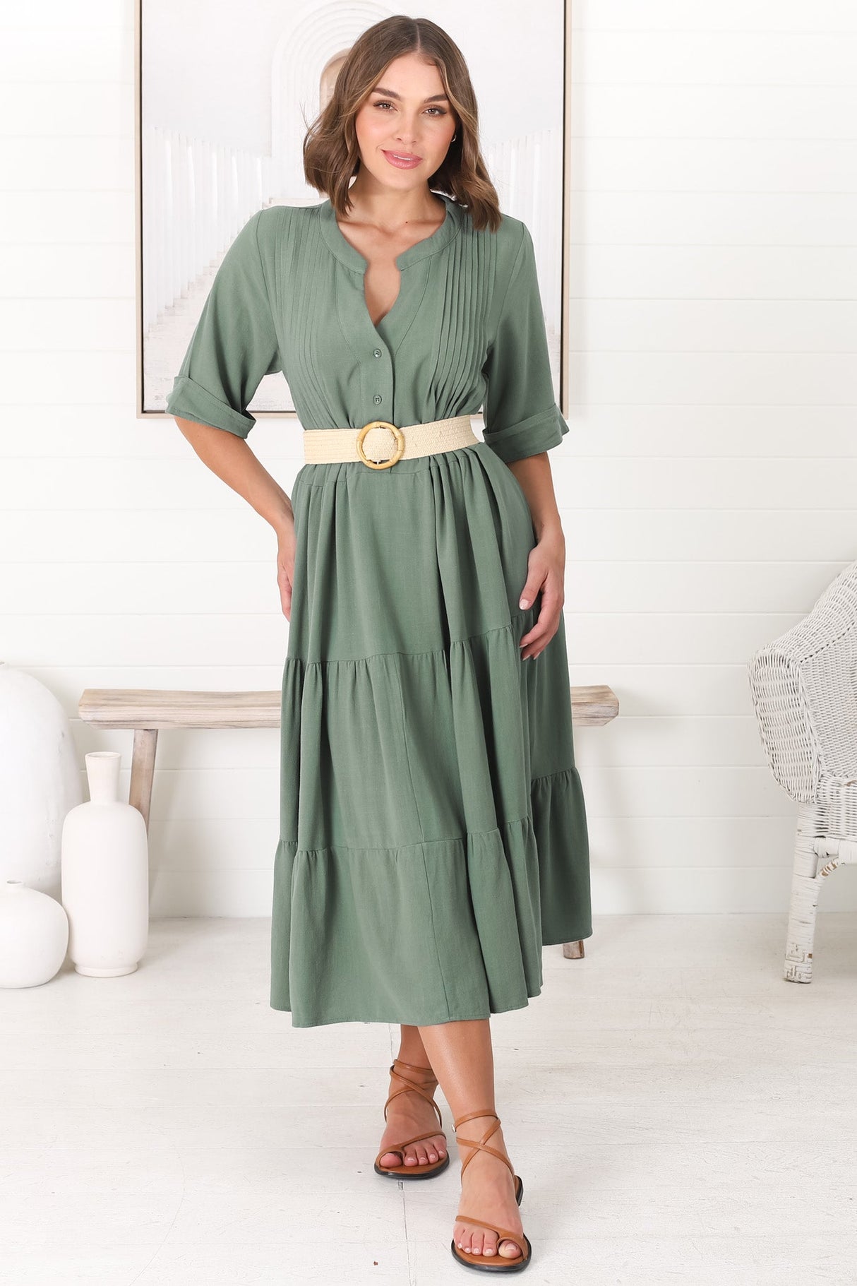 Ayva Midi Dress - 3/4 Sleeve Tiered Smock Dress in Sage