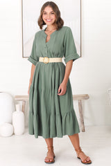 Ayva Midi Dress - 3/4 Sleeve Tiered Smock Dress in Sage