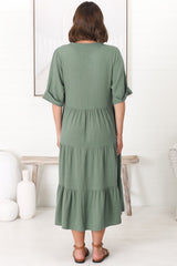 Ayva Midi Dress - 3/4 Sleeve Tiered Smock Dress in Sage