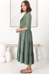 Ayva Midi Dress - 3/4 Sleeve Tiered Smock Dress in Sage