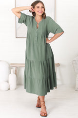 Ayva Midi Dress - 3/4 Sleeve Tiered Smock Dress in Sage