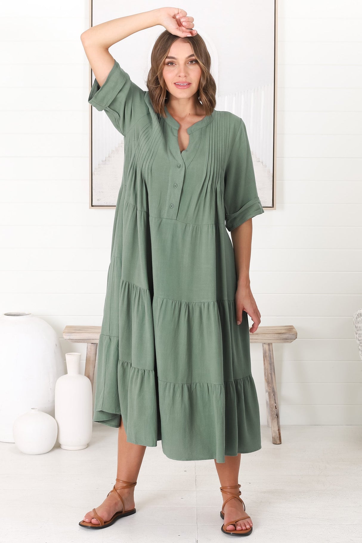 Ayva Midi Dress - 3/4 Sleeve Tiered Smock Dress in Sage