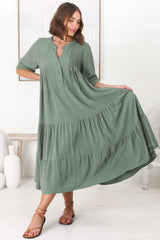 Ayva Midi Dress - 3/4 Sleeve Tiered Smock Dress in Sage