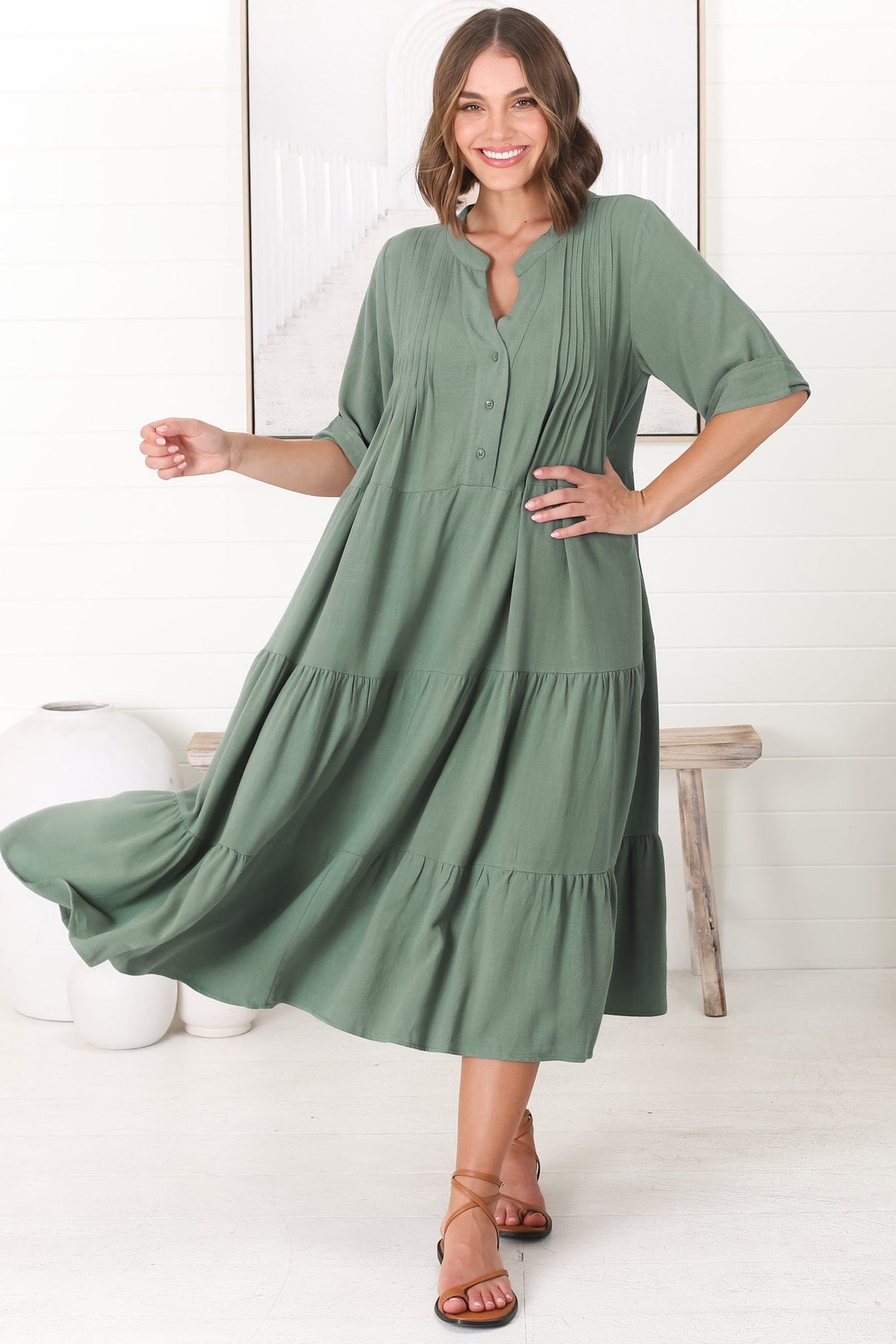 Ayva Midi Dress - 3/4 Sleeve Tiered Smock Dress in Sage