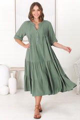 Ayva Midi Dress - 3/4 Sleeve Tiered Smock Dress in Sage