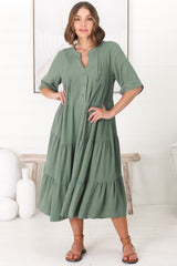 Ayva Midi Dress - 3/4 Sleeve Tiered Smock Dress in Sage