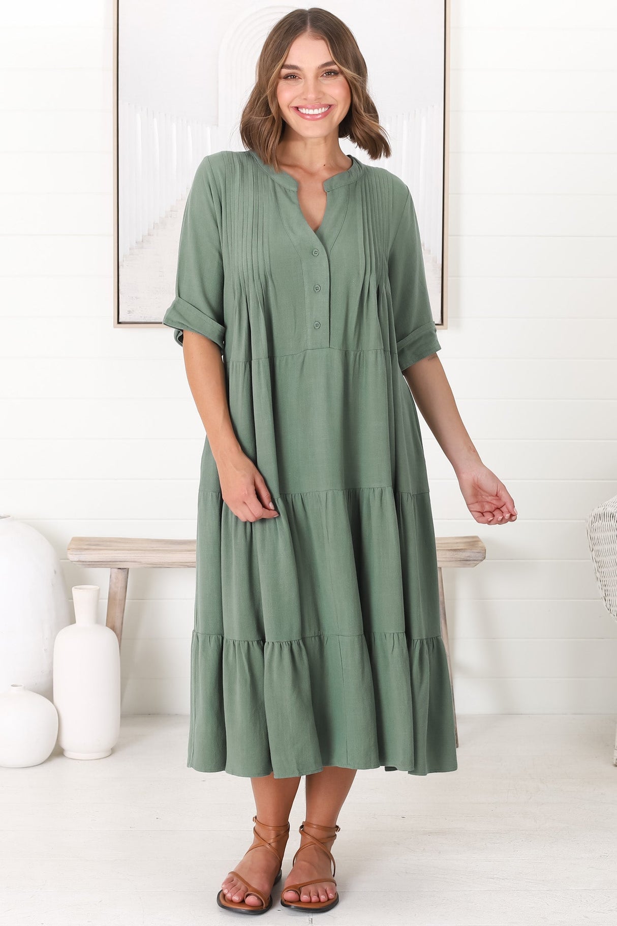 Ayva Midi Dress - 3/4 Sleeve Tiered Smock Dress in Sage