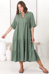 Ayva Midi Dress - 3/4 Sleeve Tiered Smock Dress in Sage