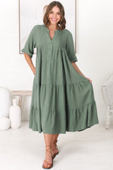 Ayva Midi Dress - 3/4 Sleeve Tiered Smock Dress in Sage