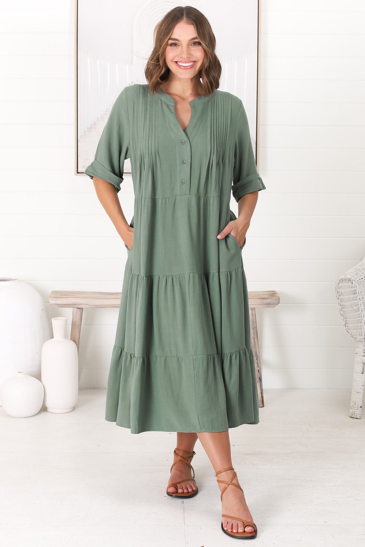 Ayva Midi Dress - 3/4 Sleeve Tiered Smock Dress in Sage