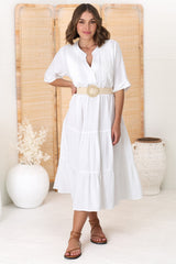 Ayva Midi Dress - 3/4 Sleeve Tiered Smock Dress in White