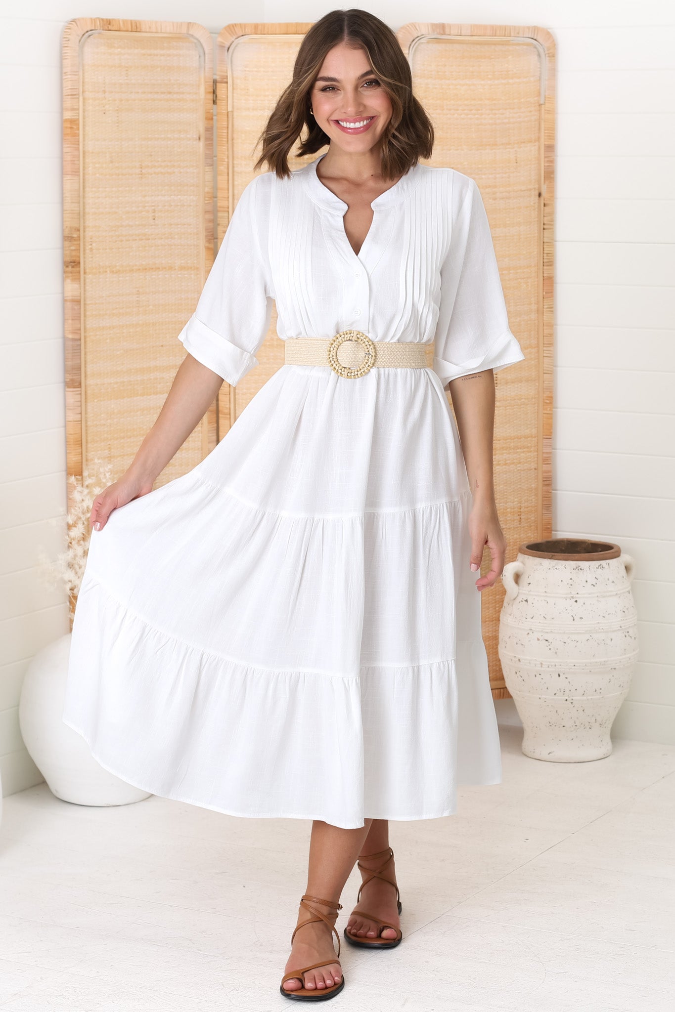 Ayva Midi Dress - 3/4 Sleeve Tiered Smock Dress in White