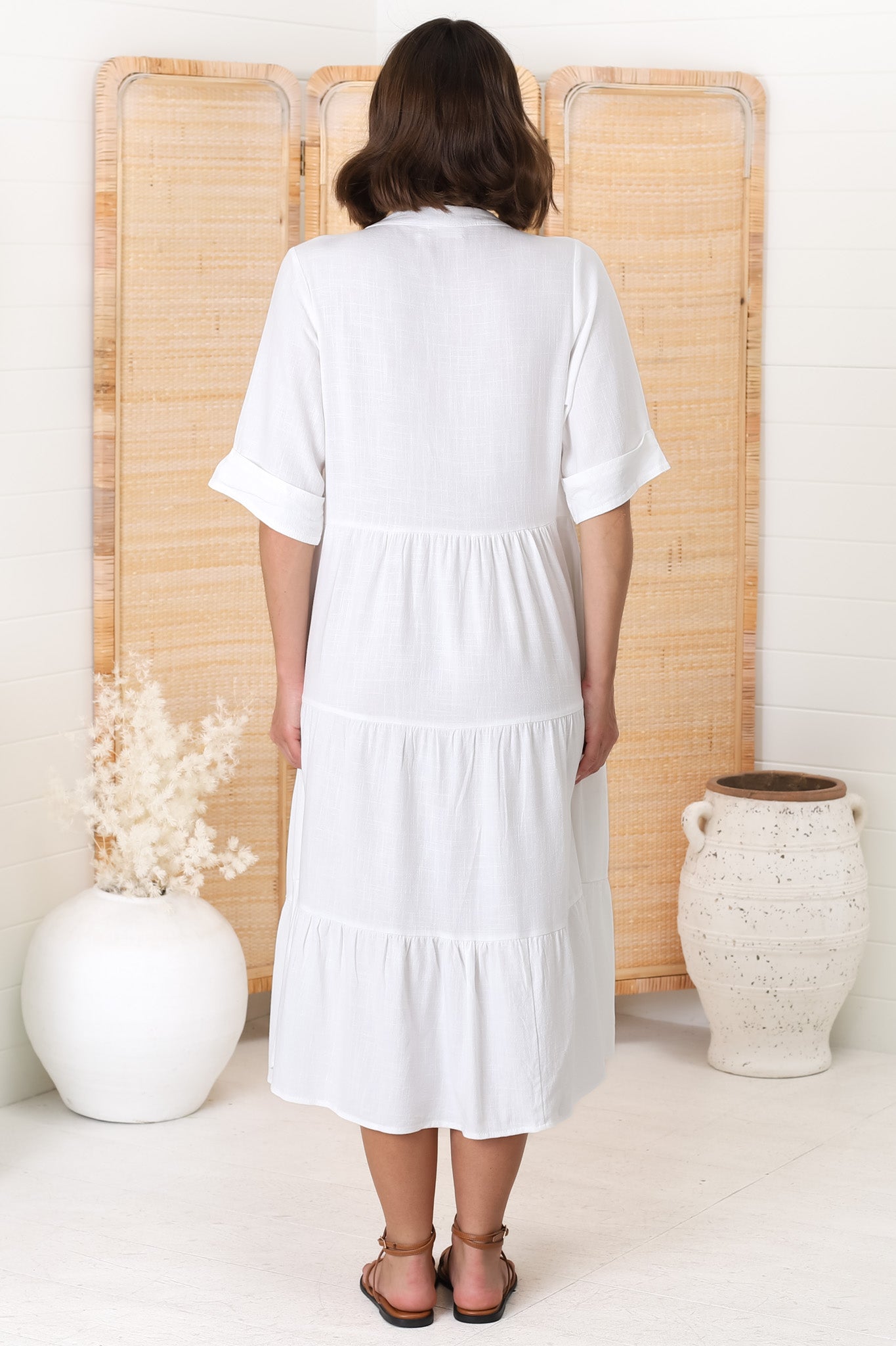 Ayva Midi Dress - 3/4 Sleeve Tiered Smock Dress in White