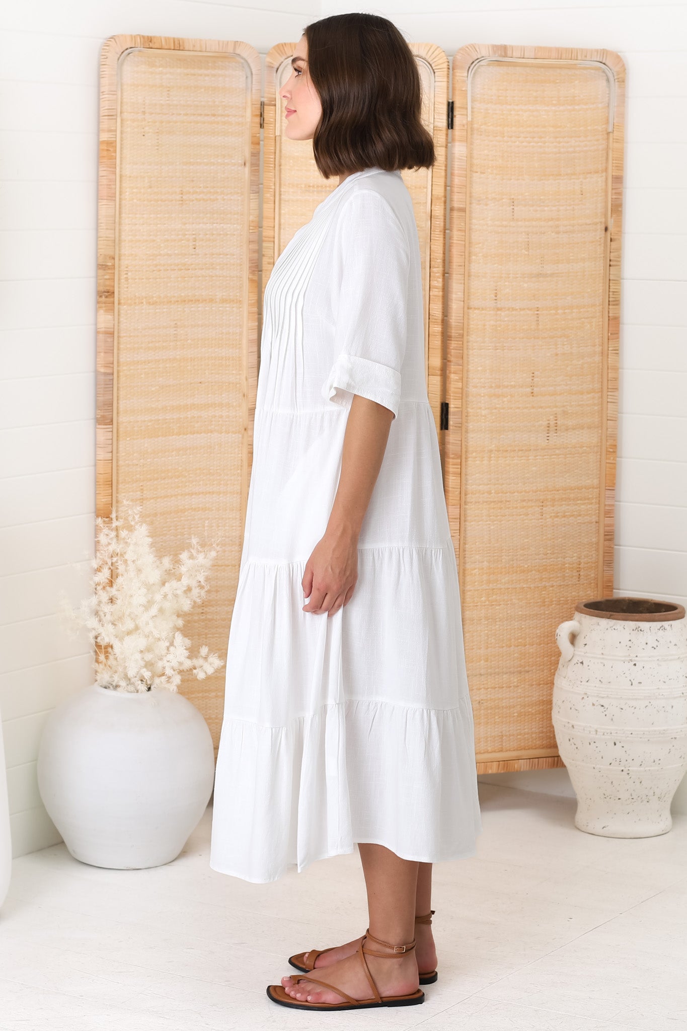Ayva Midi Dress - 3/4 Sleeve Tiered Smock Dress in White