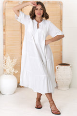 Ayva Midi Dress - 3/4 Sleeve Tiered Smock Dress in White