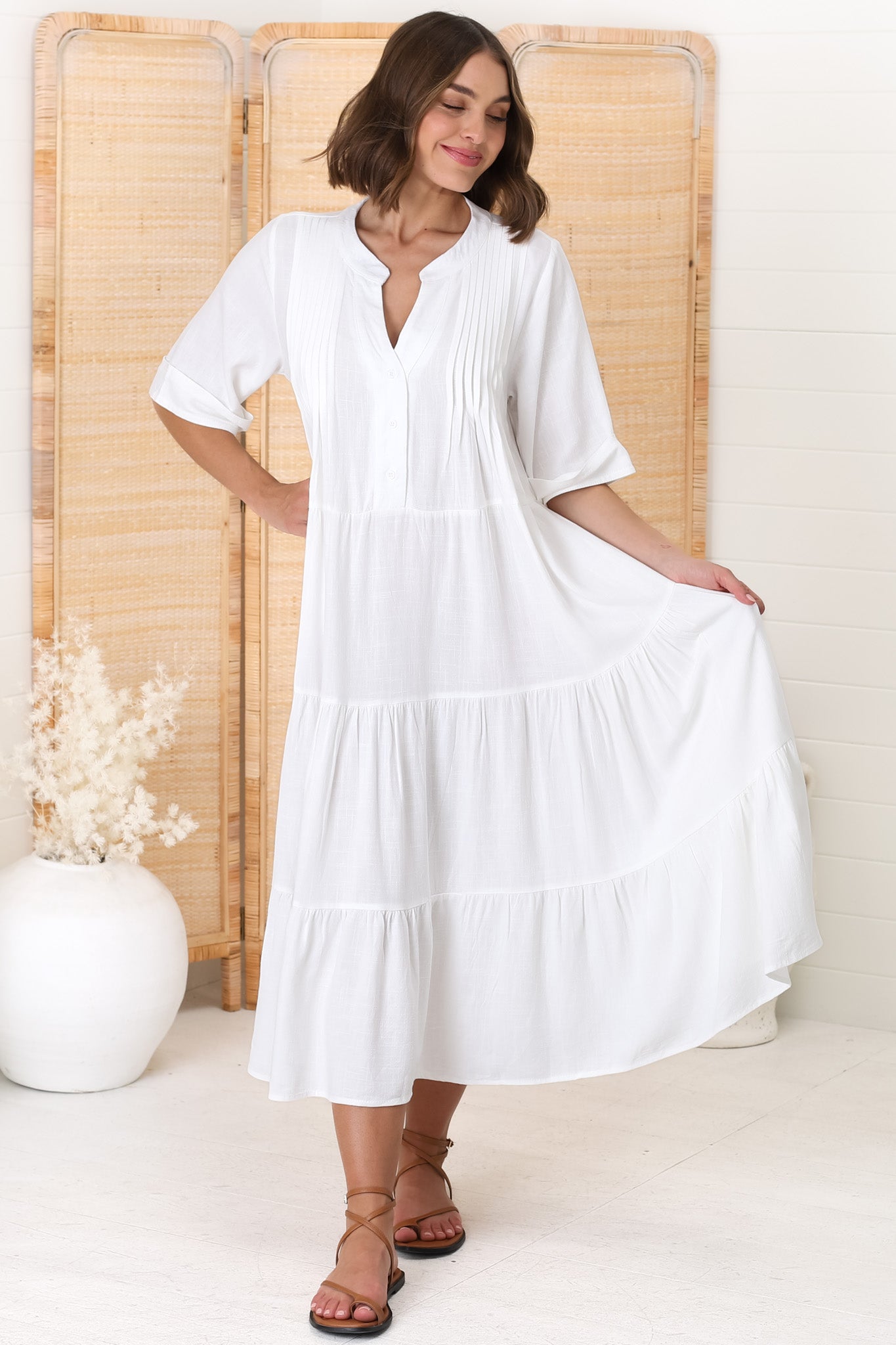 Ayva Midi Dress - 3/4 Sleeve Tiered Smock Dress in White