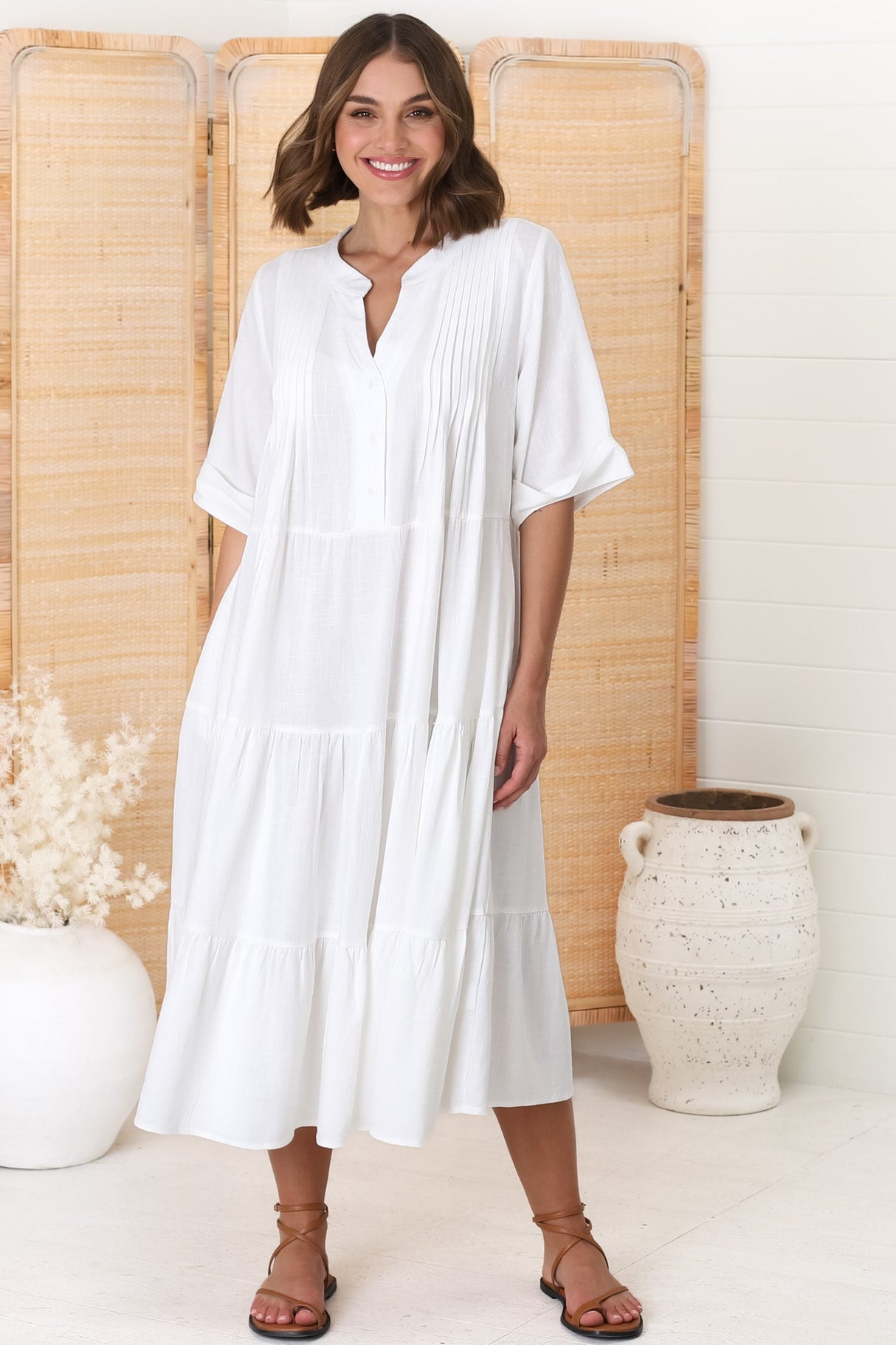 Ayva Midi Dress - 3/4 Sleeve Tiered Smock Dress in White