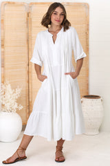 Ayva Midi Dress - 3/4 Sleeve Tiered Smock Dress in White