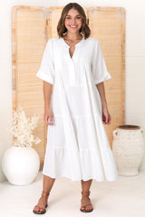 Ayva Midi Dress - 3/4 Sleeve Tiered Smock Dress in White