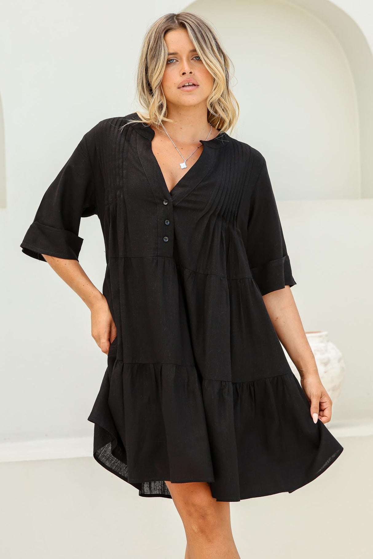 Ayva Mini Dress - 3/4 Sleeve Tiered Smock Dress in Black