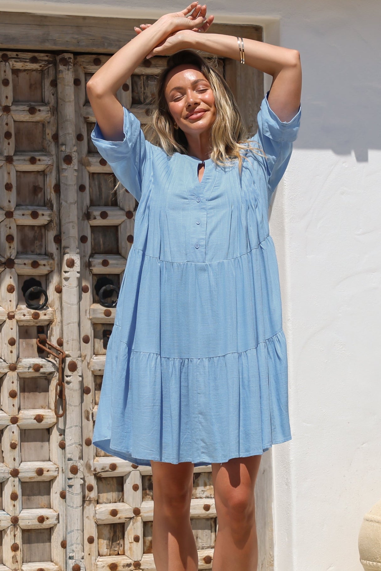 Ayva Mini Dress - 3/4 Sleeve Tiered Smock Dress in Blue