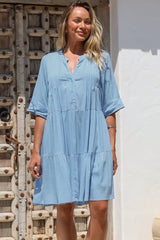 Ayva Mini Dress - 3/4 Sleeve Tiered Smock Dress in Blue