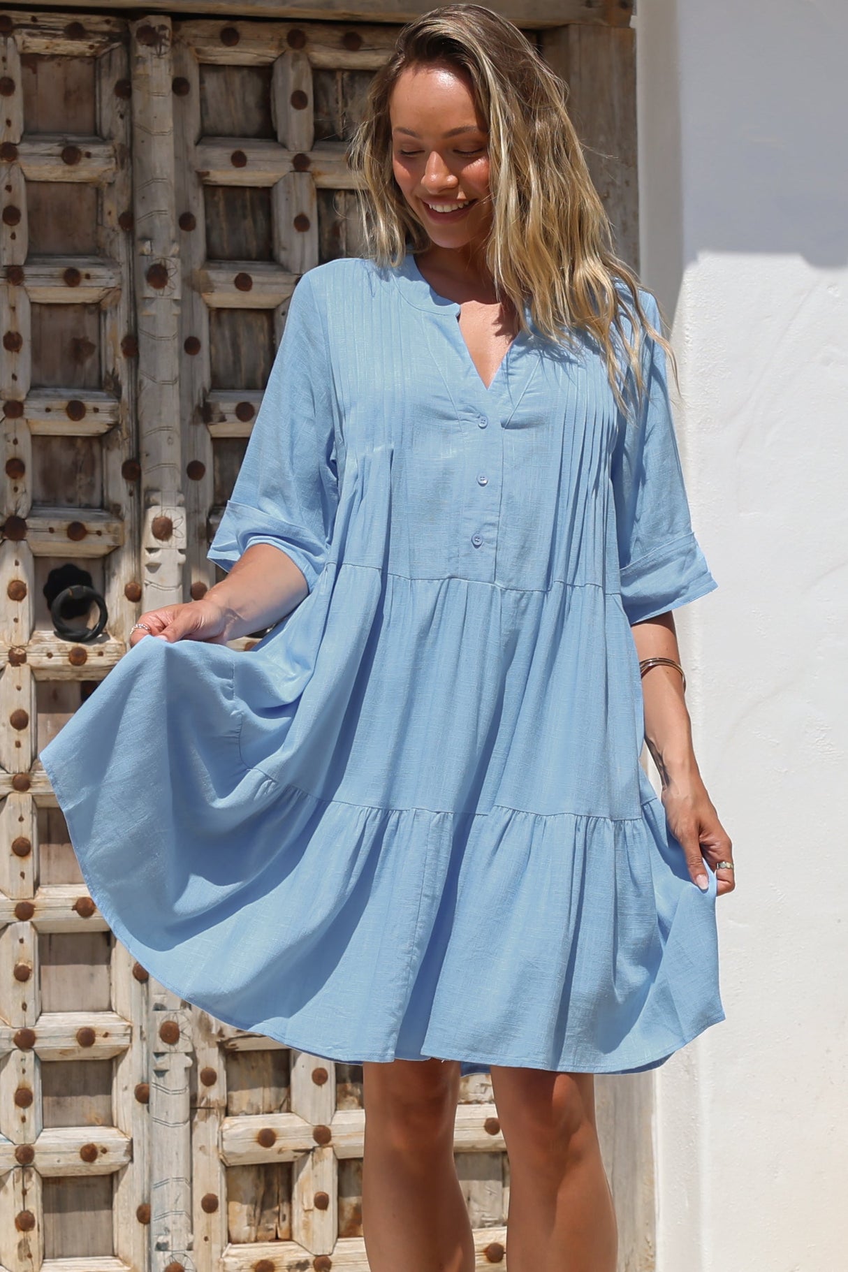 Ayva Mini Dress - 3/4 Sleeve Tiered Smock Dress in Blue