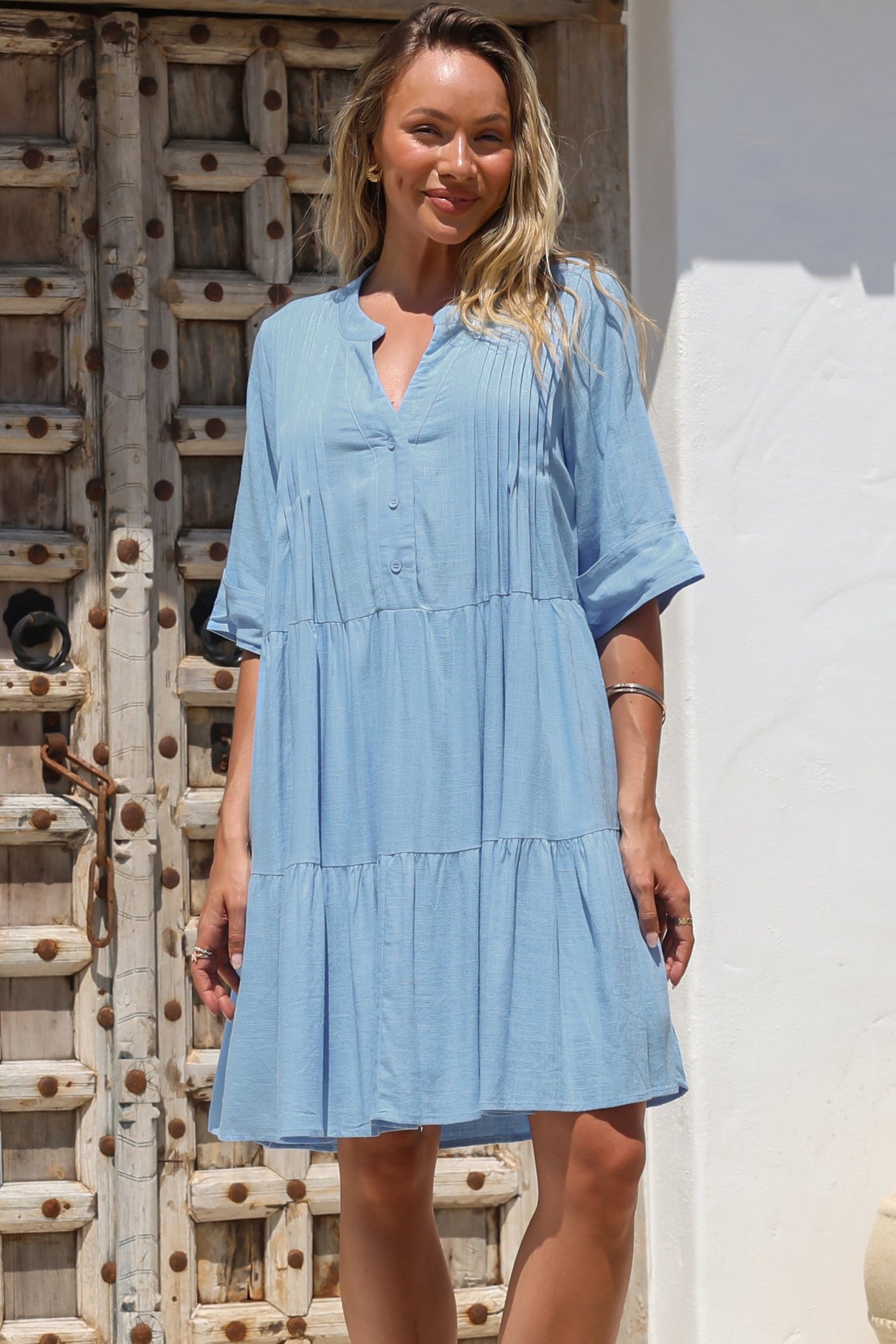 Ayva Mini Dress - 3/4 Sleeve Tiered Smock Dress in Blue