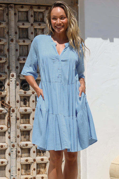 Ayva Mini Dress - 3/4 Sleeve Tiered Smock Dress in Blue